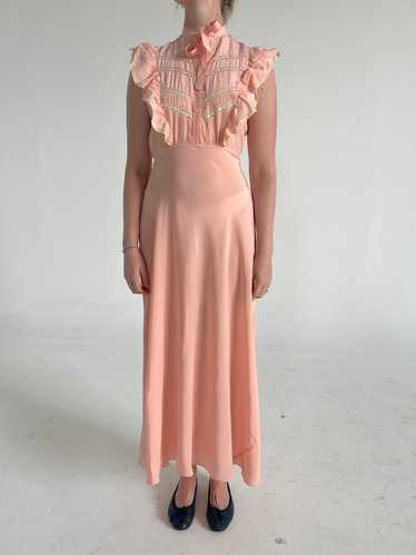 1930's Peachy Pink Silk Slip with Cream Lace and R