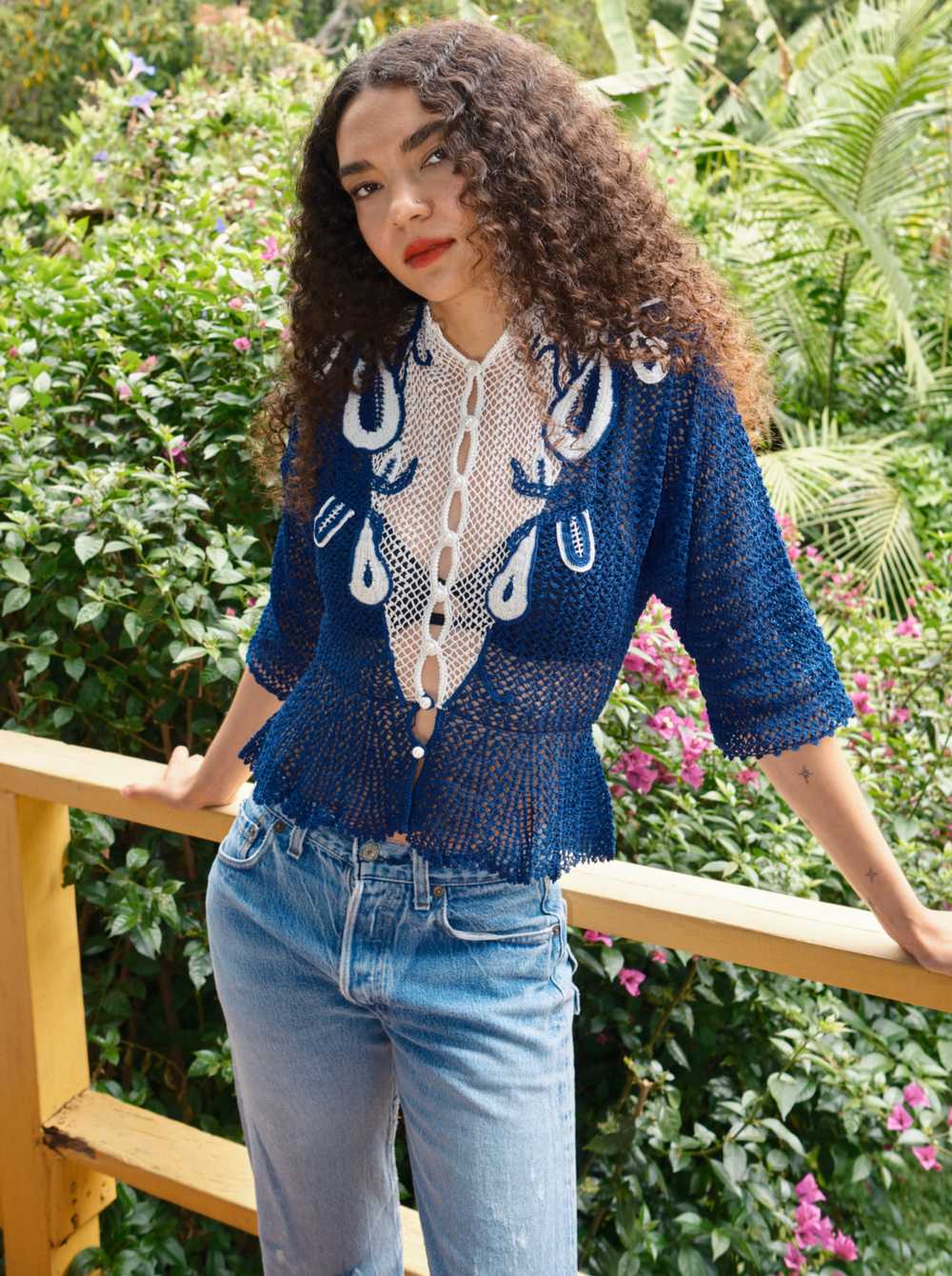 Blue Peplum Crochet Cardigan - image 1