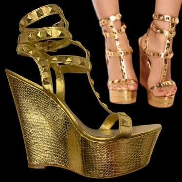 BEBE Katrina Gold Platform Wedge Gladiator Sandals