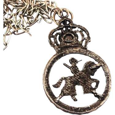Knight on Horseback Pendant Necklace Silver Tone - image 1