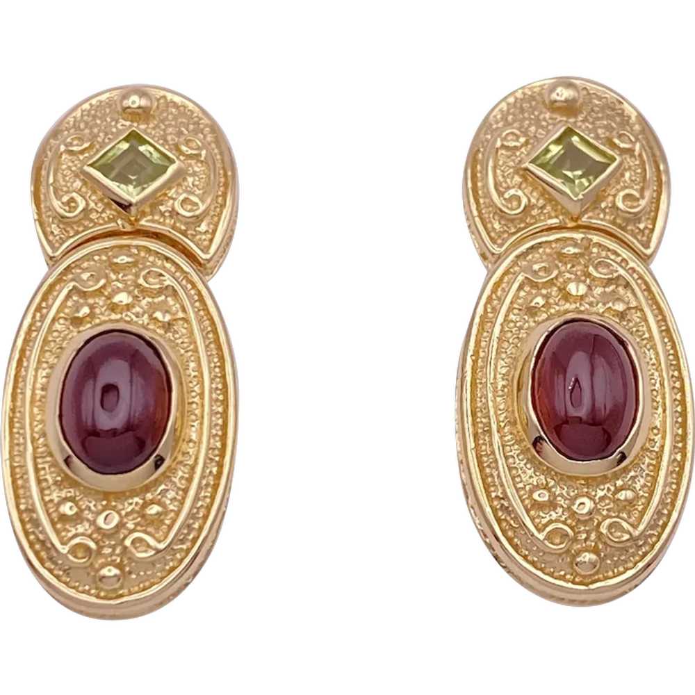 Etruscan Revival Drop Earrings 14K Gold Garnet an… - image 1