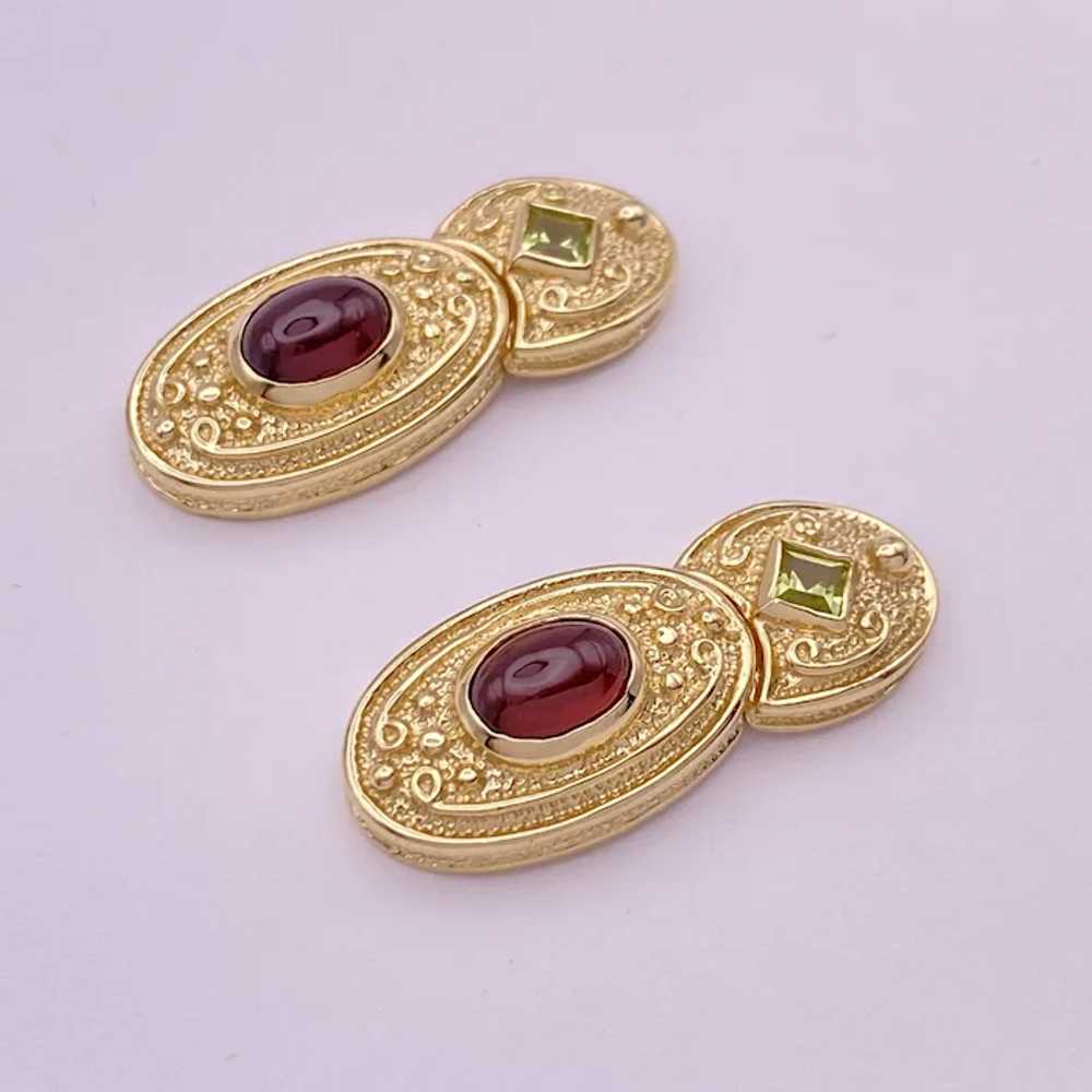 Etruscan Revival Drop Earrings 14K Gold Garnet an… - image 2