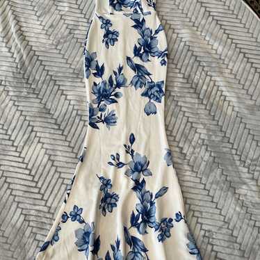 Blue and white strapless floral dress