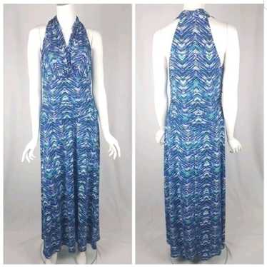 Nine West Halter Blue Chevron Maxi Dress Size 10 - image 1