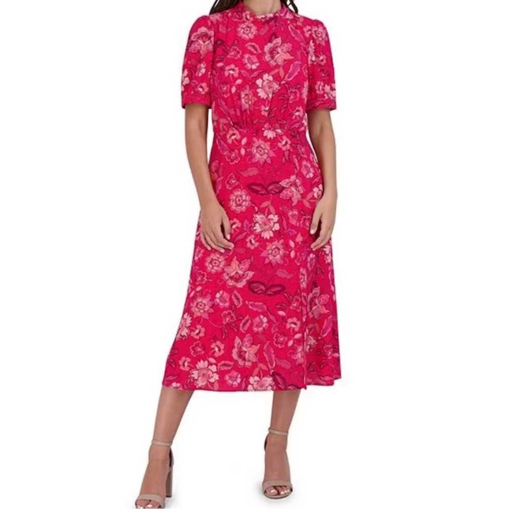 Julia Jordan Pink Floral Puff Sleeve Midi Dress S… - image 1