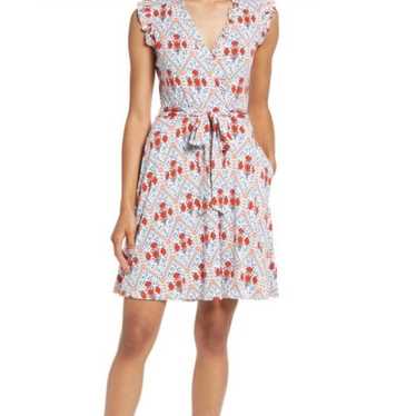 Boden Red & Blue Floral Faux Wrap Ruffle Dress