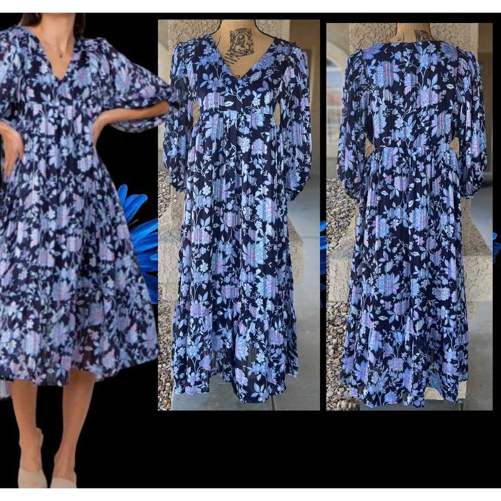 Pinkblush Navy Floral V-Neck Shimmer Midi Dress S… - image 1