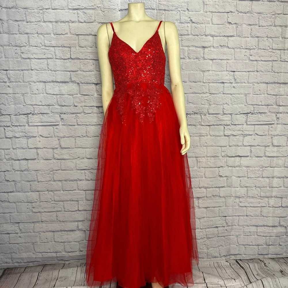 Red V Neck Spaghetti Straps Tulle Beaded Lace Lon… - image 2