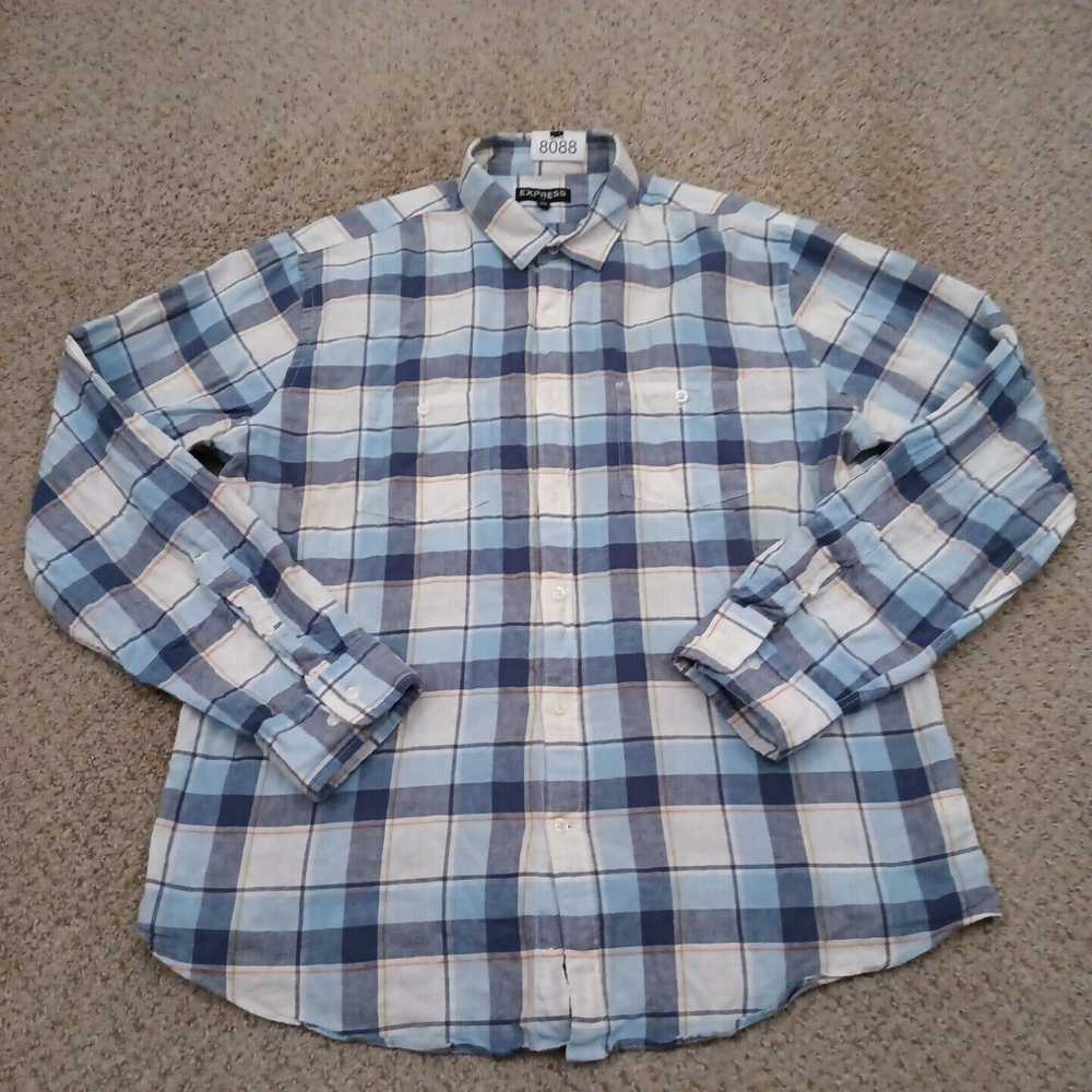 Express Express Shirt Mens XL Blue Plaid Linen Bl… - image 1