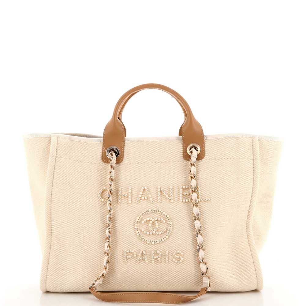 CHANEL Deauville Tote Pearl Embellished Canvas Me… - image 1