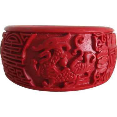 Wide Chunky Red Cinnabar Dragons Symbols Bangle V… - image 1