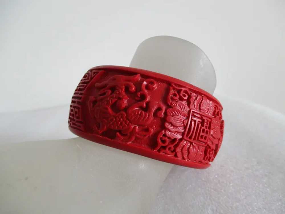 Wide Chunky Red Cinnabar Dragons Symbols Bangle V… - image 4
