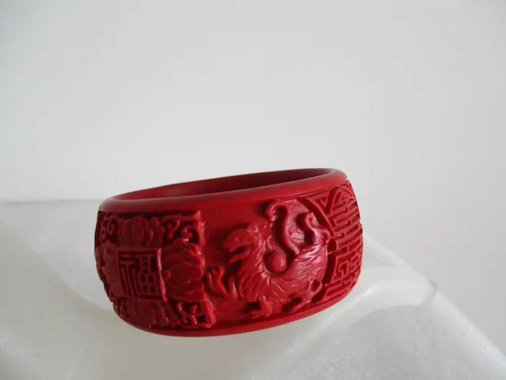 Wide Chunky Red Cinnabar Dragons Symbols Bangle V… - image 5