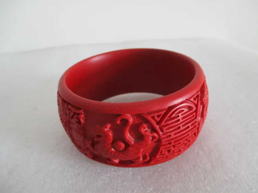 Wide Chunky Red Cinnabar Dragons Symbols Bangle V… - image 9