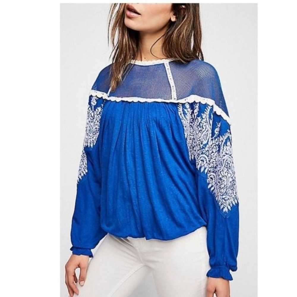 Free People Carly Embroidered Crochet Blue Blouse - image 1