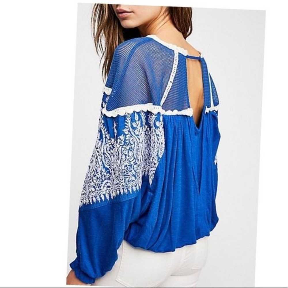 Free People Carly Embroidered Crochet Blue Blouse - image 2