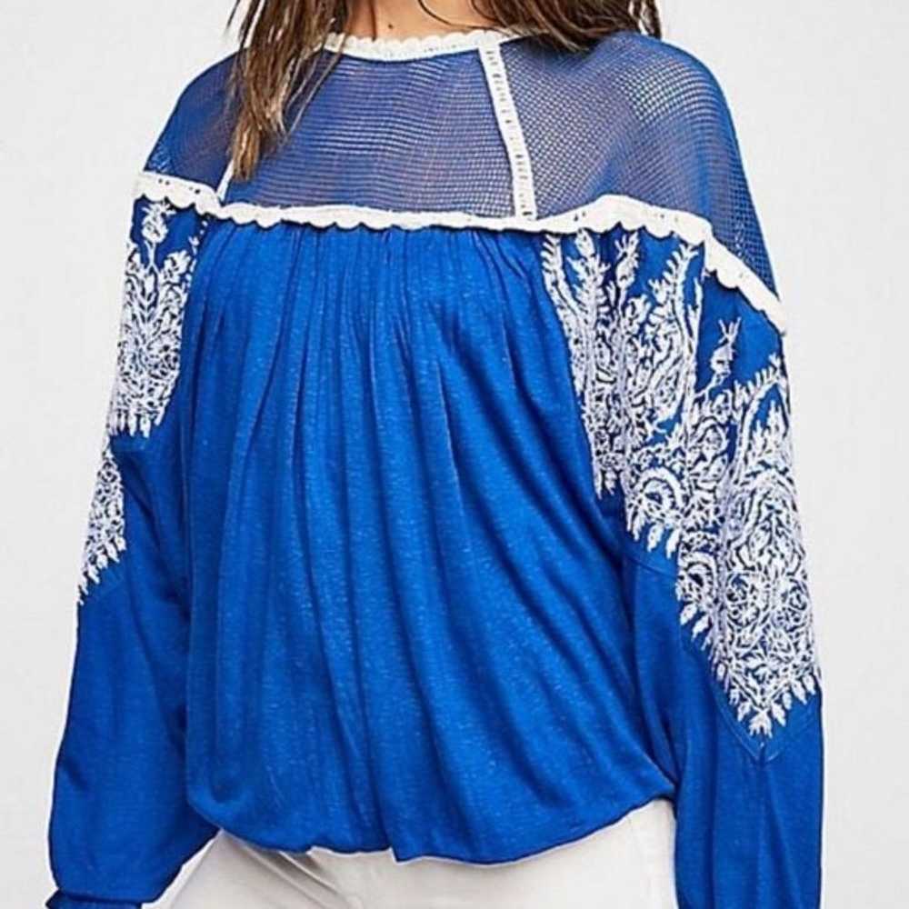 Free People Carly Embroidered Crochet Blue Blouse - image 4