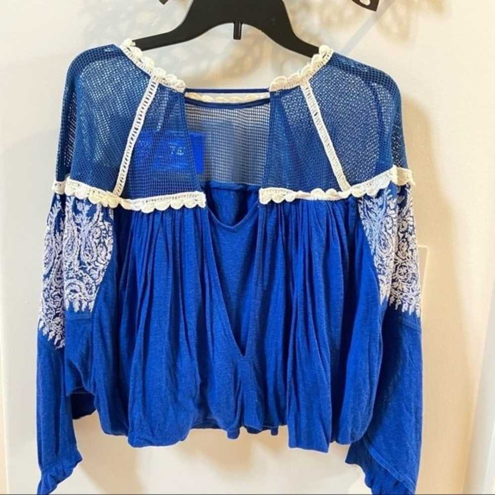 Free People Carly Embroidered Crochet Blue Blouse - image 9