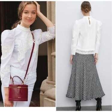 Zara Combined Poplin Cotton Blouse Top Puff Sleeve