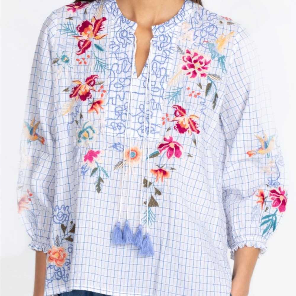 Johnny Was Embroidered Floral 100% Cotton Blouse … - image 1