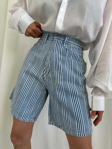 Vintage 90s Cotton Striped Shorts - Bleu/Blanc