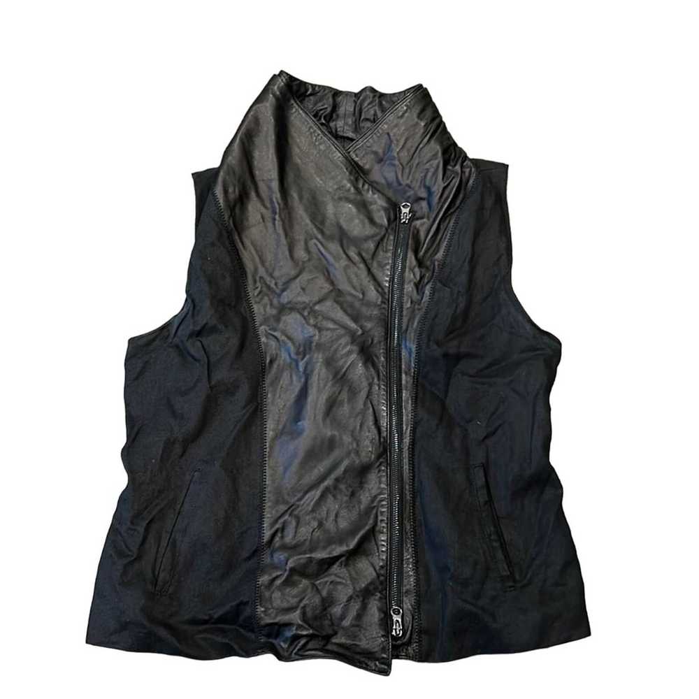 Vince Black Asymmetric Leather + Linen Moto Vest … - image 2