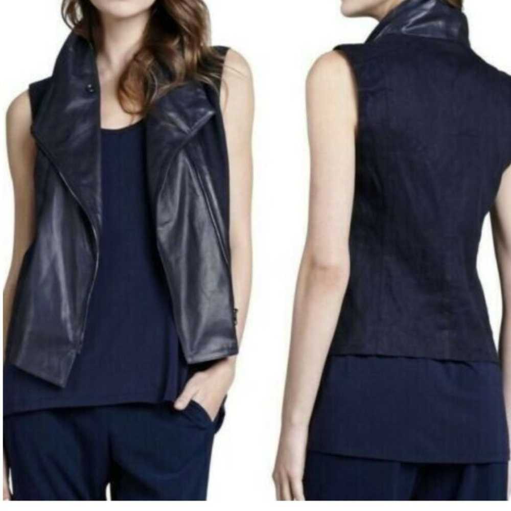 Vince Black Asymmetric Leather + Linen Moto Vest … - image 8