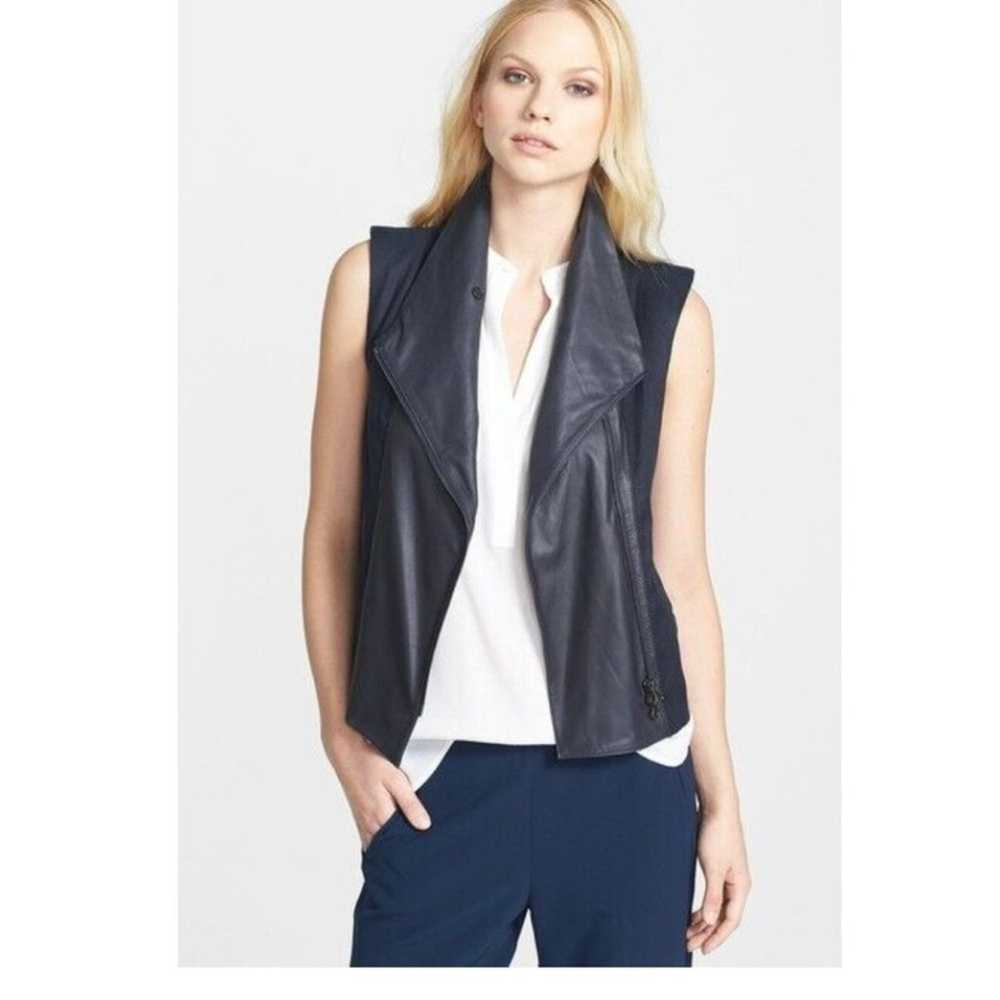 Vince Black Asymmetric Leather + Linen Moto Vest … - image 9