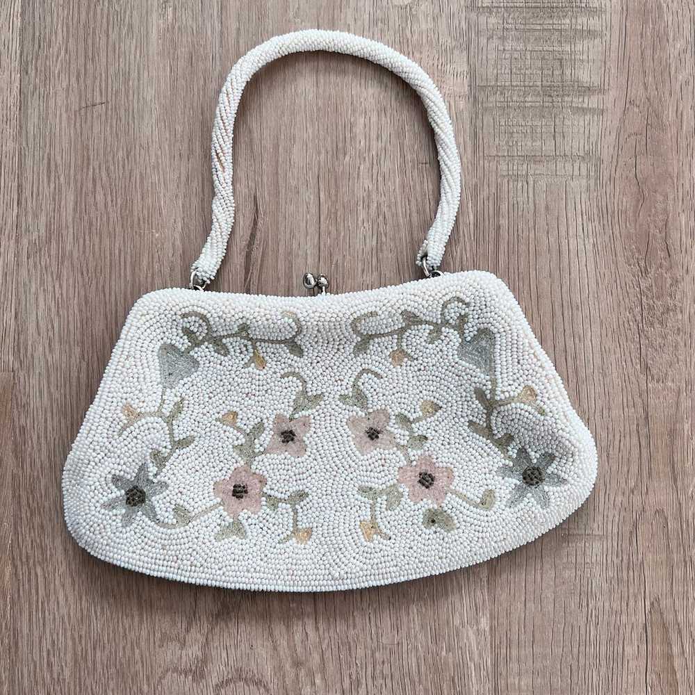 Vtg Hand beaded White Pink Flower Evening Bag Pur… - image 1