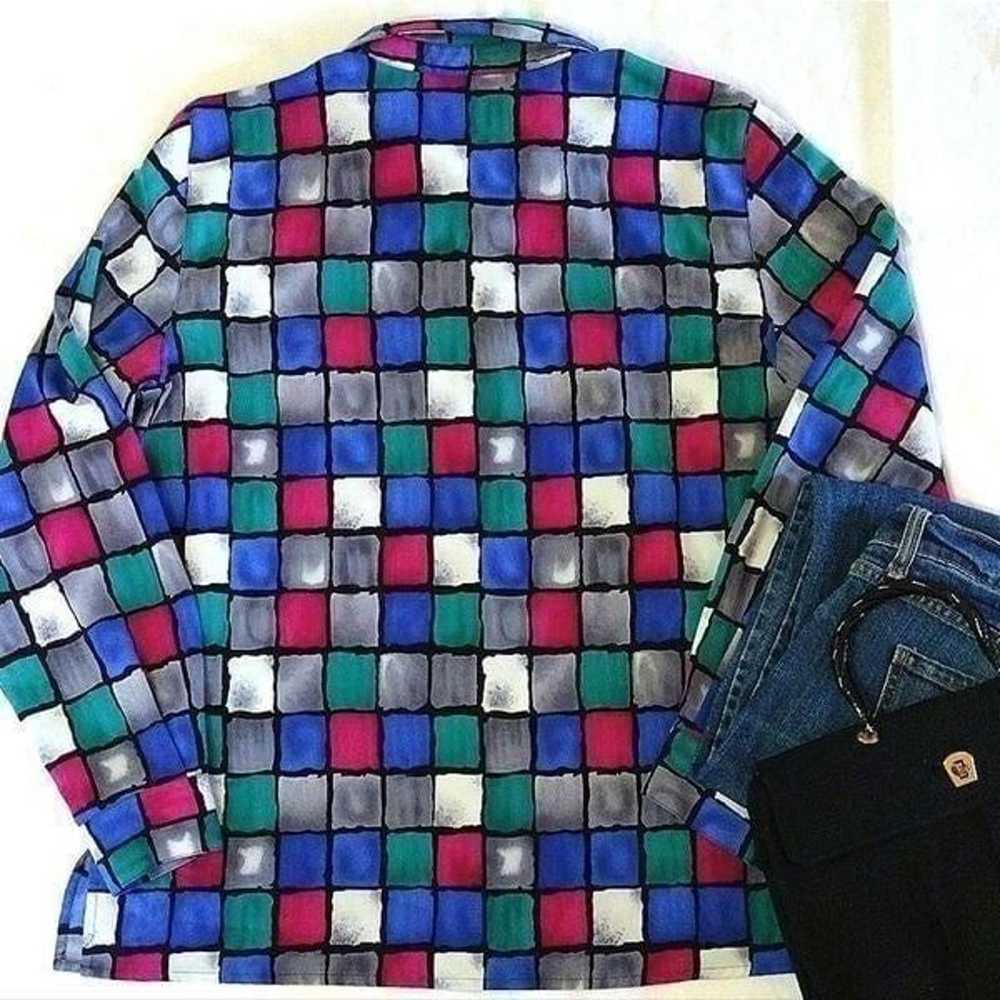 Vintage 90s Colorful Checkered Button Down Satin … - image 10