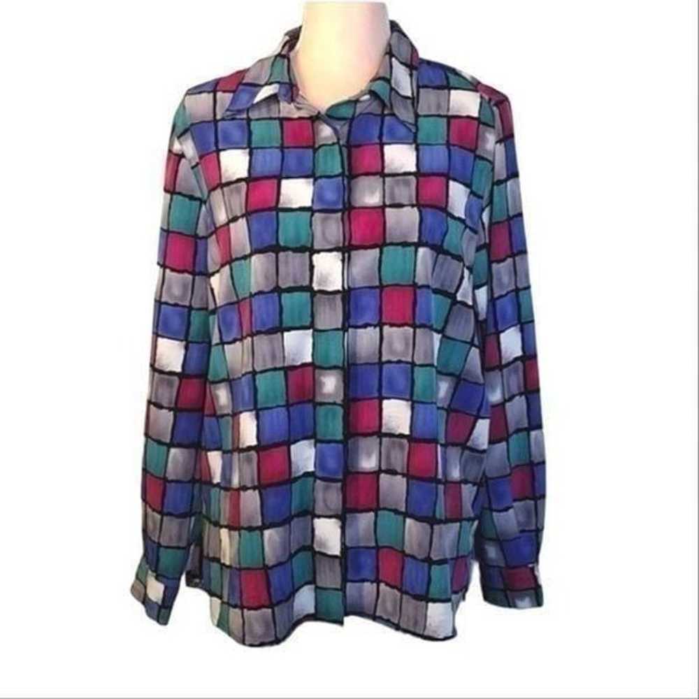 Vintage 90s Colorful Checkered Button Down Satin … - image 1