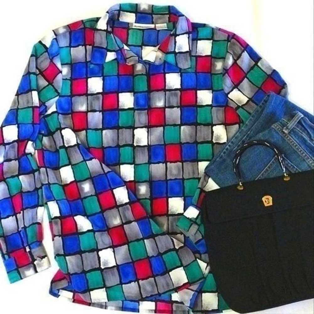 Vintage 90s Colorful Checkered Button Down Satin … - image 2