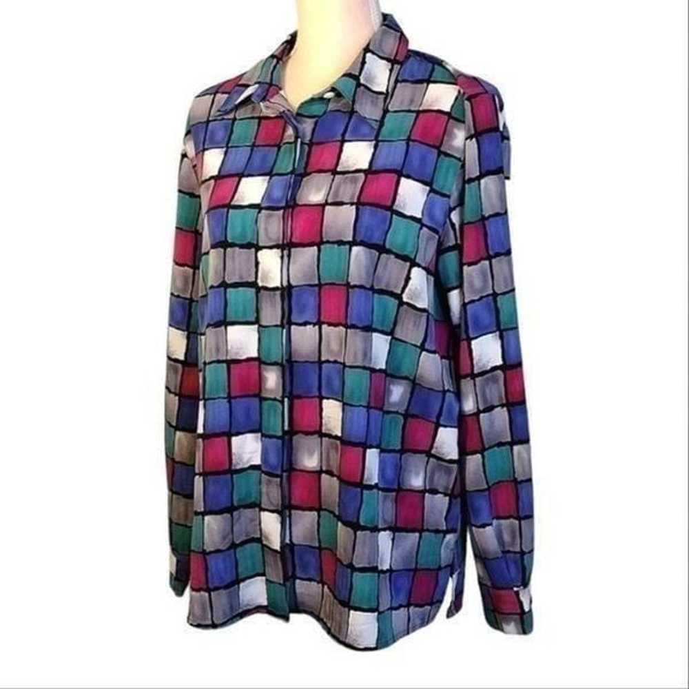 Vintage 90s Colorful Checkered Button Down Satin … - image 3