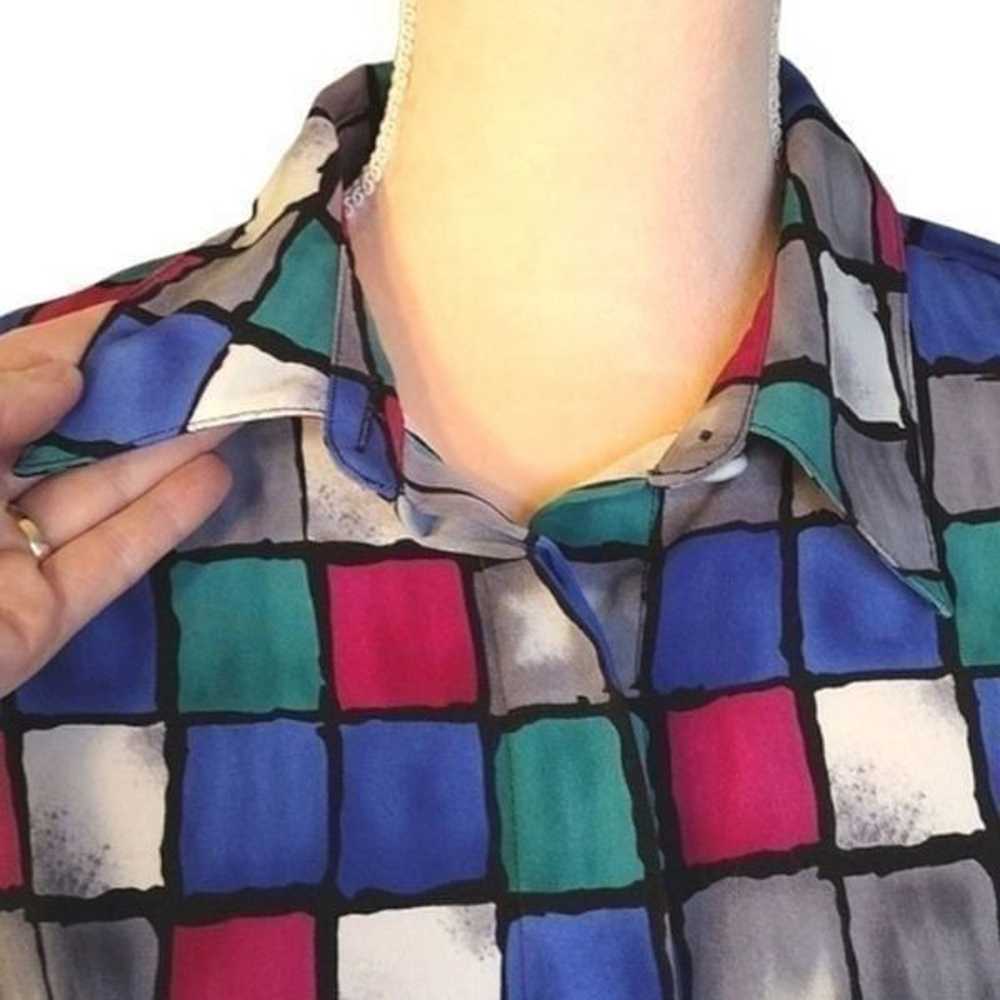 Vintage 90s Colorful Checkered Button Down Satin … - image 4