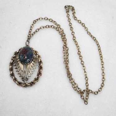 Vintage 80s Marble Stone Oval Pendant Chainlink S… - image 1