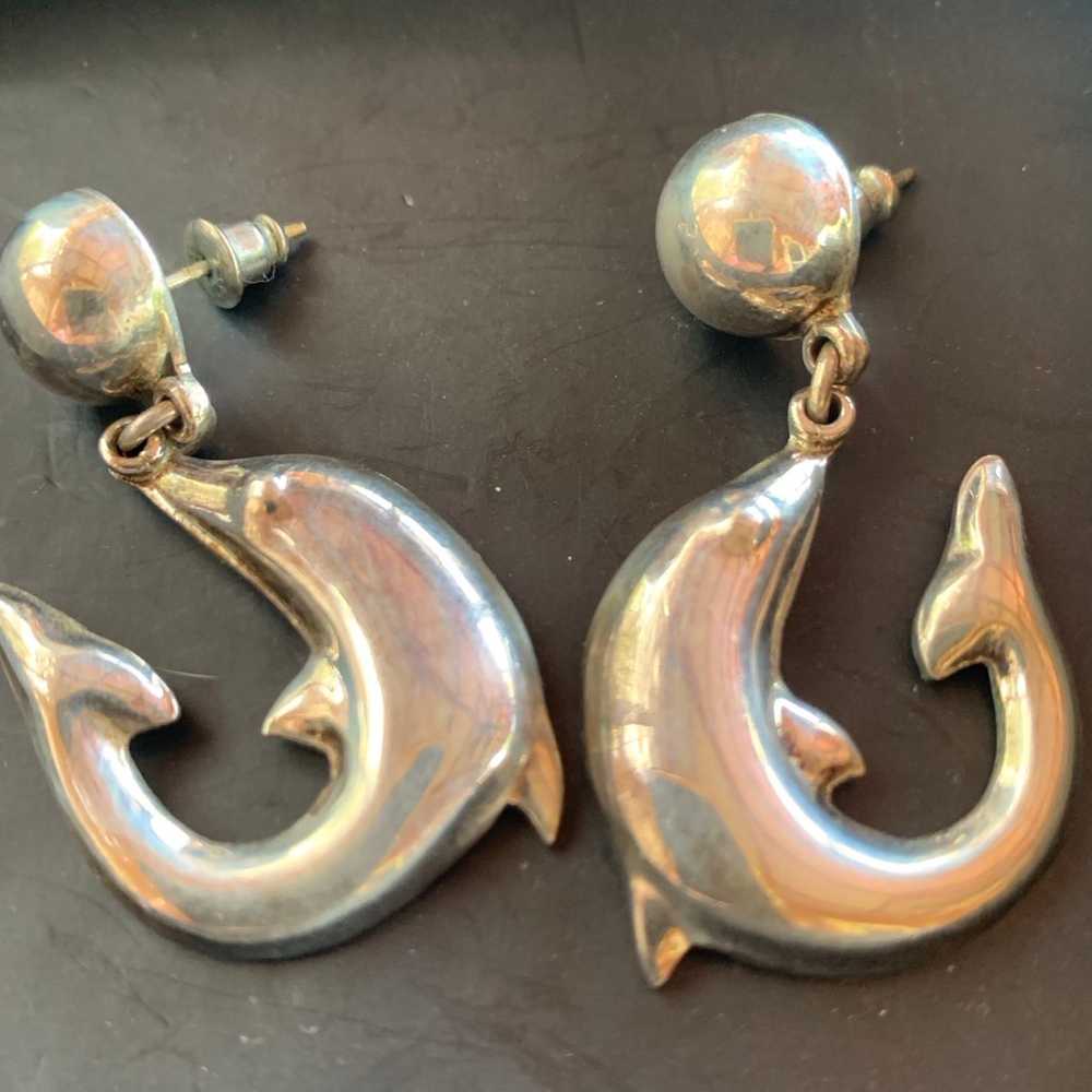 VTG Sterling Silver Dolphin Taxco Pierced Earrings - image 1