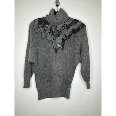 Gray vintage 80s sweater with suede leather beadi… - image 1