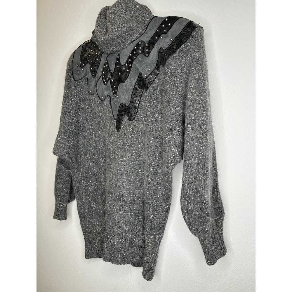 Gray vintage 80s sweater with suede leather beadi… - image 2