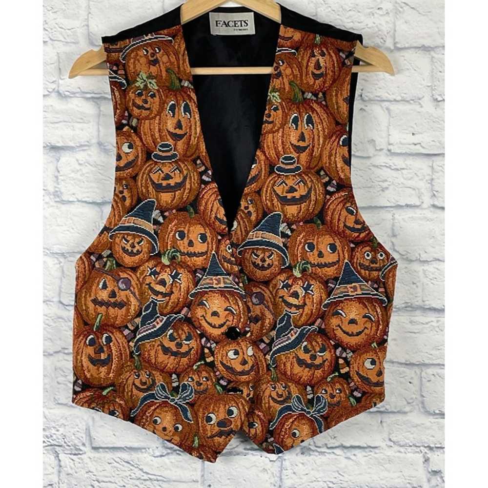 Vintage Jack-O-Lantern Pumpkin Tapestry Vest Hall… - image 1