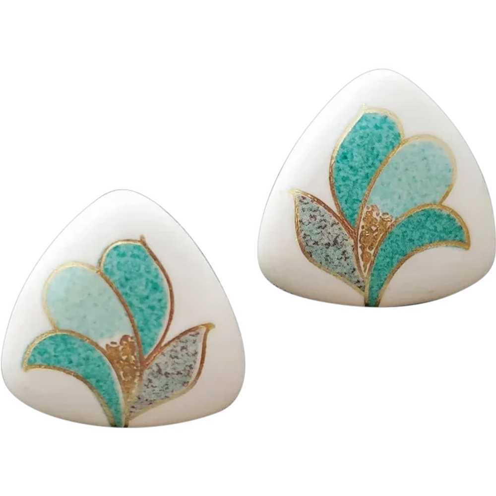 Modernist Porcelain Earrings White Turquoise Gold… - image 1