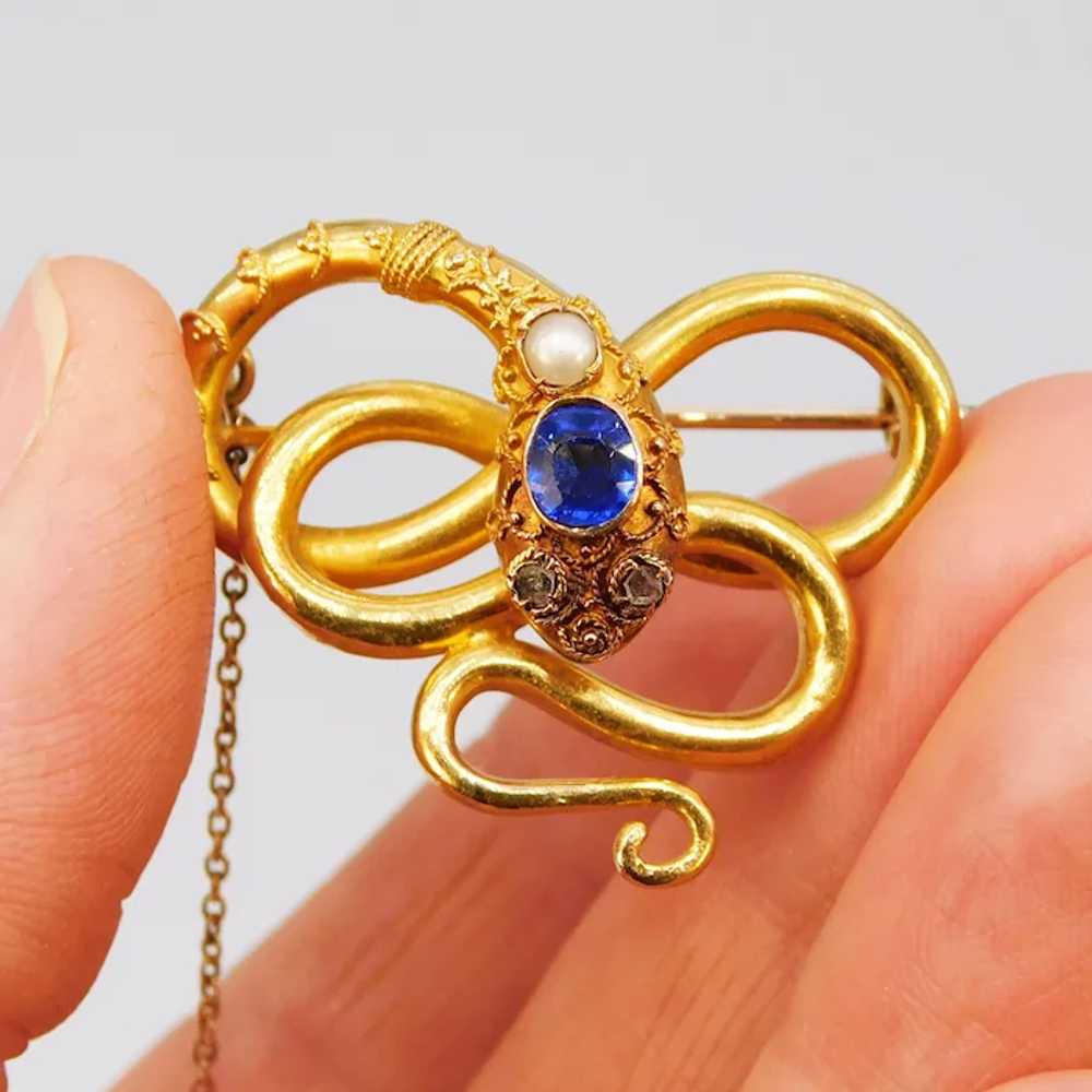 Antique Victorian Snake Brooch Sapphire Diamond P… - image 10