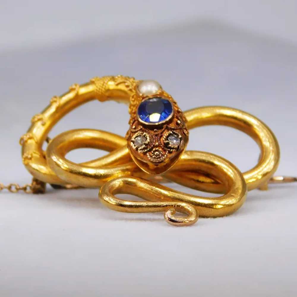 Antique Victorian Snake Brooch Sapphire Diamond P… - image 11