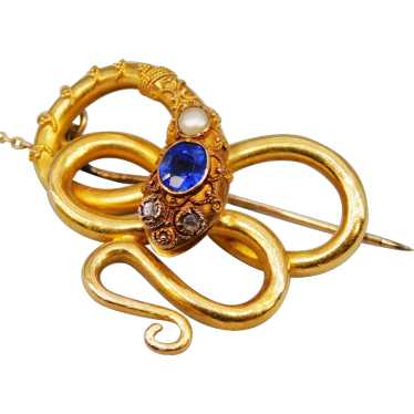 Antique Victorian Snake Brooch Sapphire Diamond P… - image 1