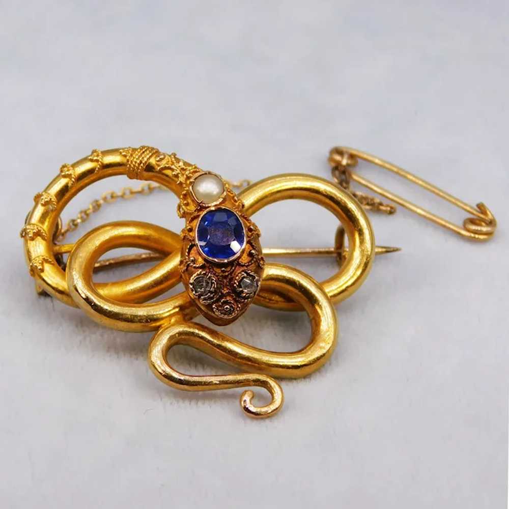 Antique Victorian Snake Brooch Sapphire Diamond P… - image 2