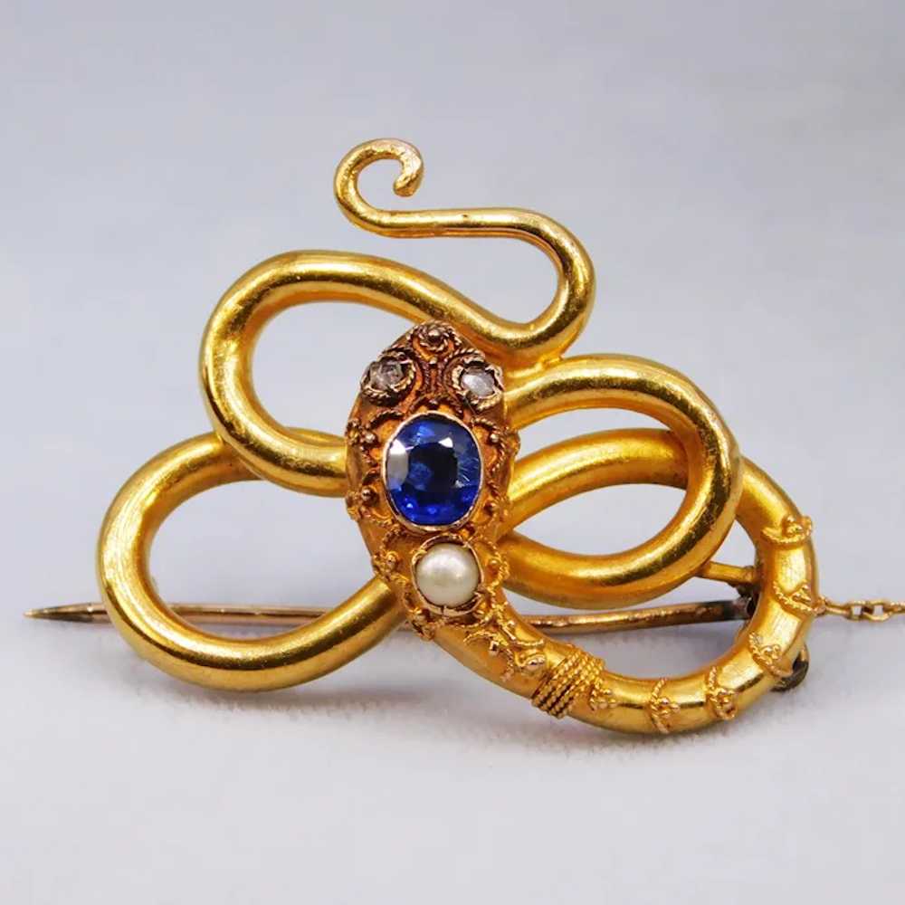 Antique Victorian Snake Brooch Sapphire Diamond P… - image 3