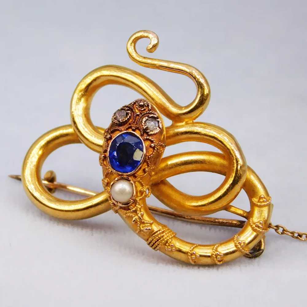 Antique Victorian Snake Brooch Sapphire Diamond P… - image 4