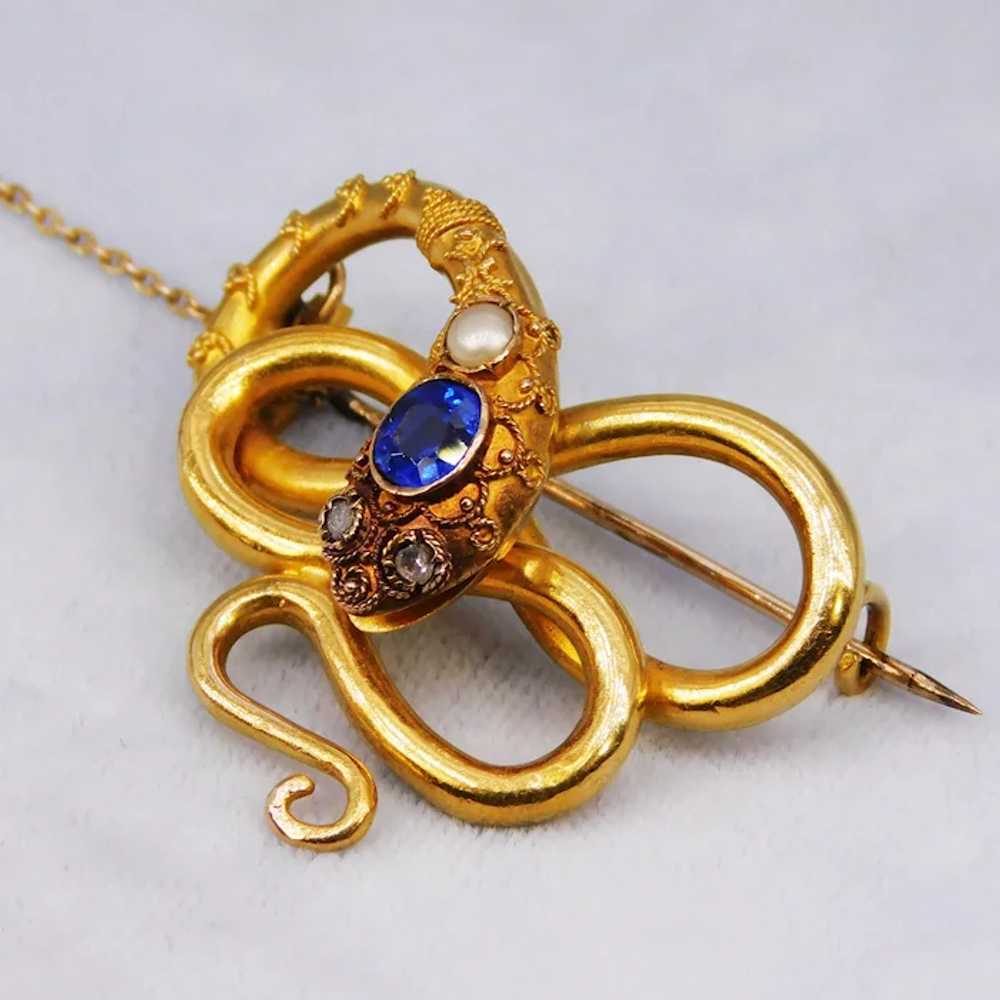 Antique Victorian Snake Brooch Sapphire Diamond P… - image 5