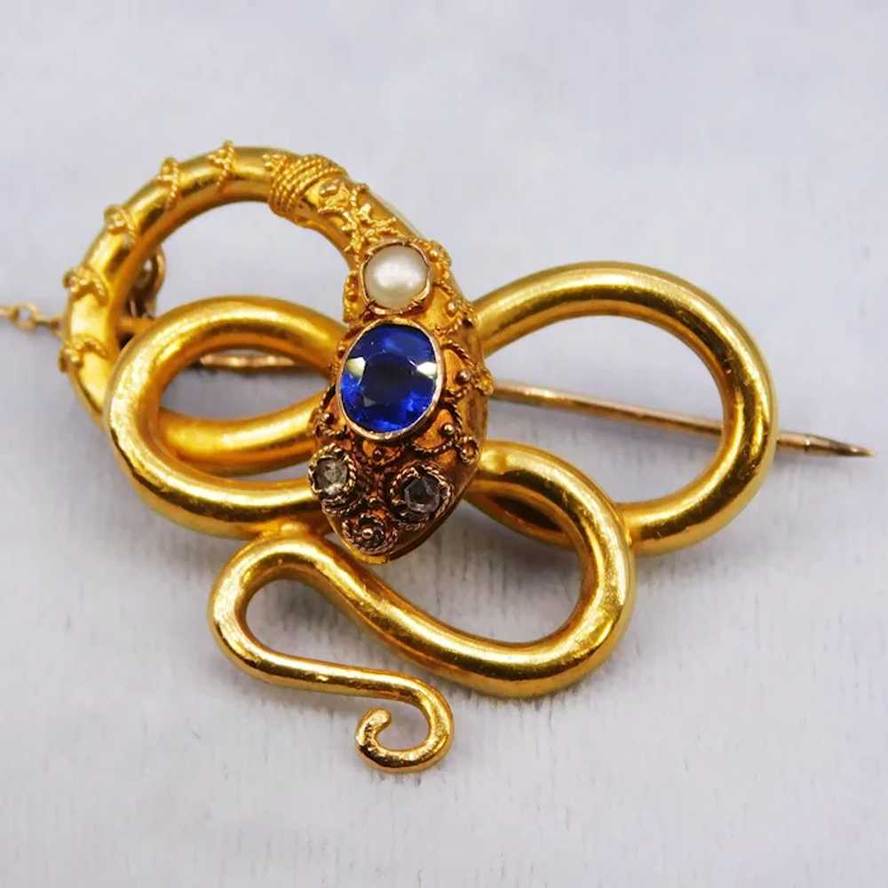 Antique Victorian Snake Brooch Sapphire Diamond P… - image 6