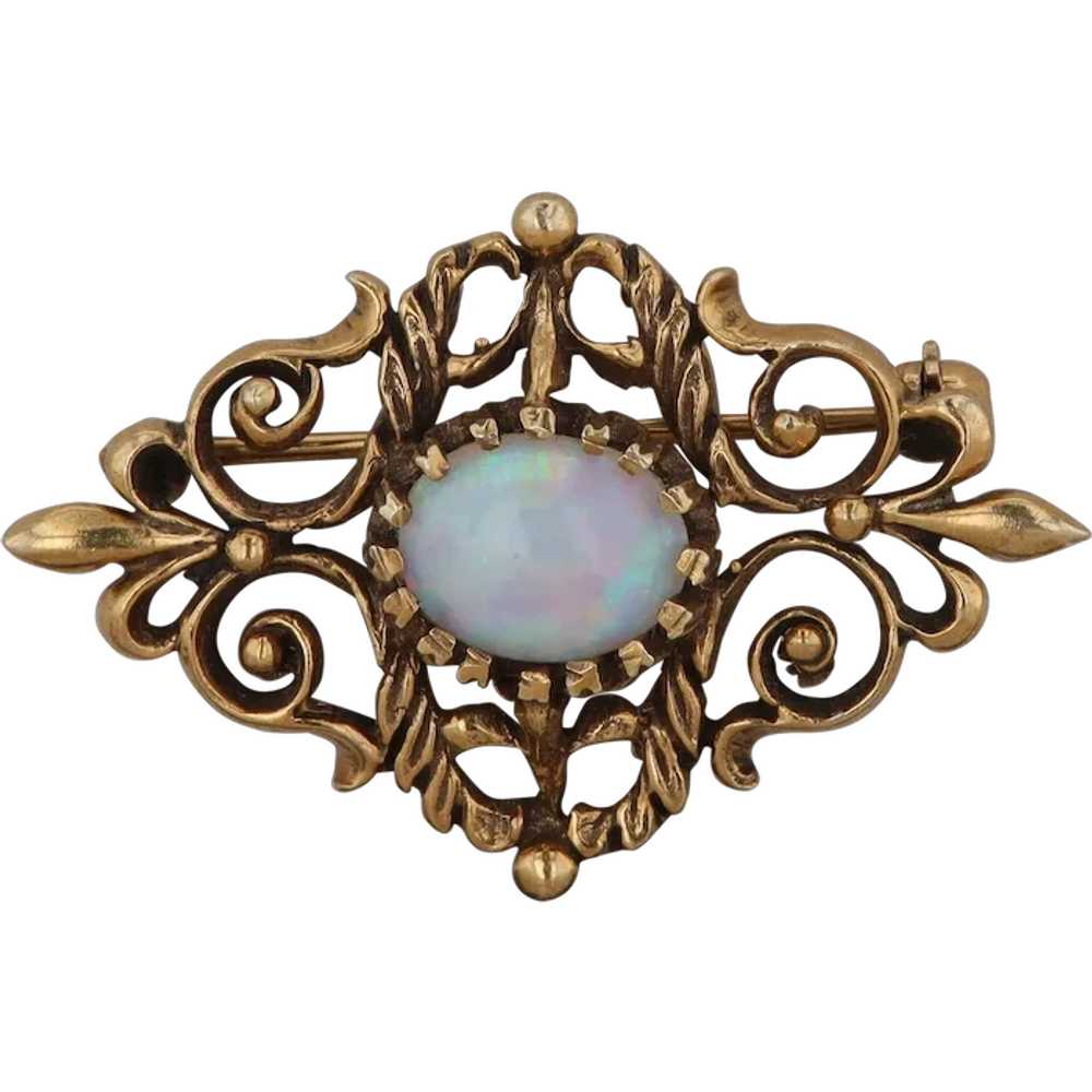 14k Yellow Gold Opal Filigree Vintage Style Brooch - image 1