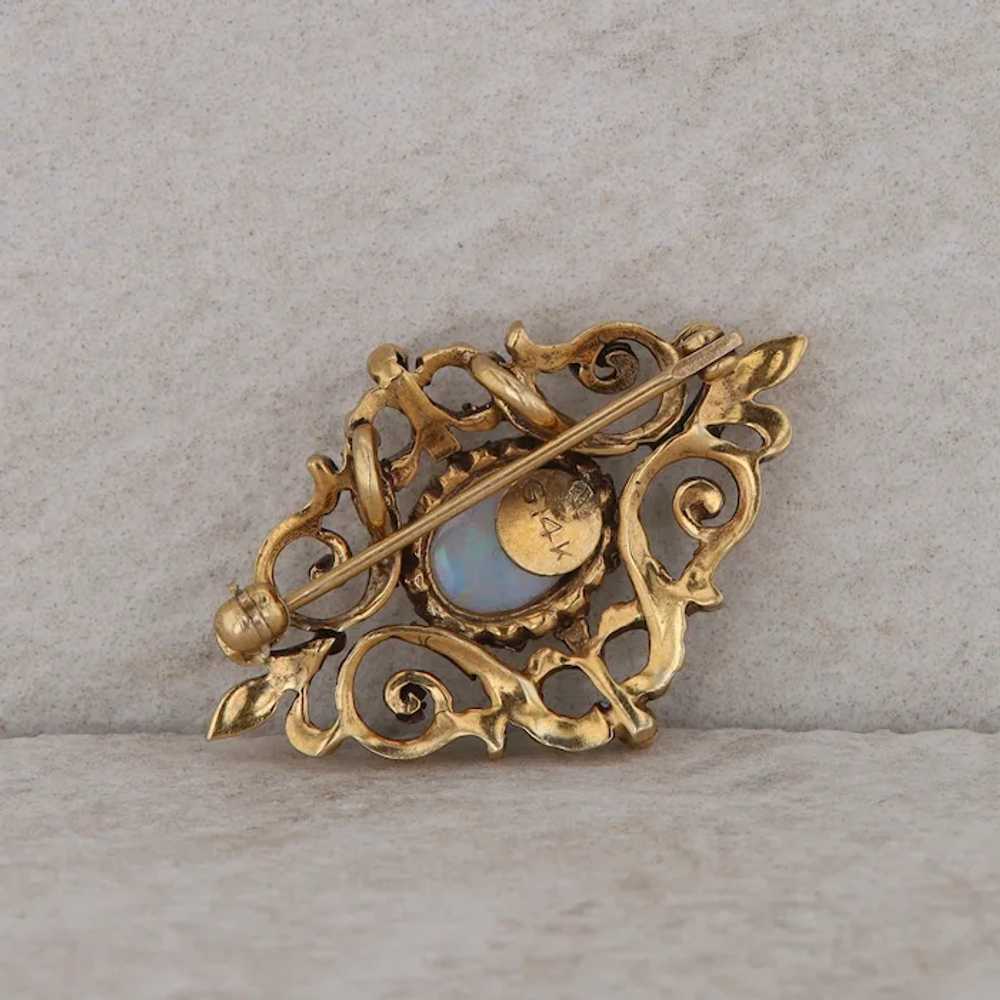 14k Yellow Gold Opal Filigree Vintage Style Brooch - image 2